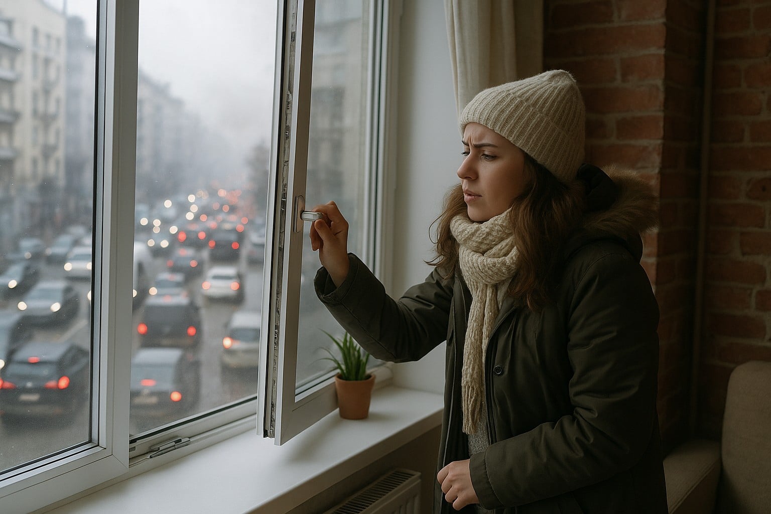 Jeune femme en manteau et bonnet d’hiver hésitant à ouvrir une fenêtre donnant sur une rue urbaine saturée de circulation.