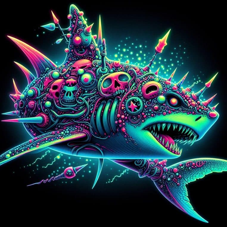 Illustration d’un requin stylisé aux reflets bleus lumineux nageant dans un océan sombre, évoquant un petit prédateur bioluminescent des grands fonds.