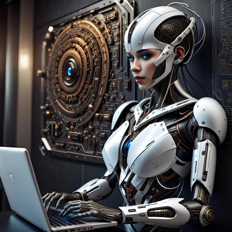 Robot humanoïde assis devant un ordinateur portable, dans un décor futuriste, illustrant l’automatisation croissante du travail intellectuel.