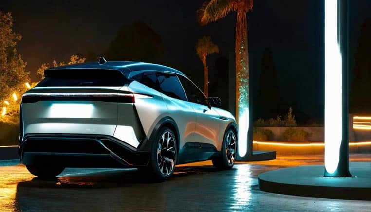SUV électrique futuriste garé de nuit devant une borne lumineuse, symbole des nouvelles infrastructures de recharge haute puissance.