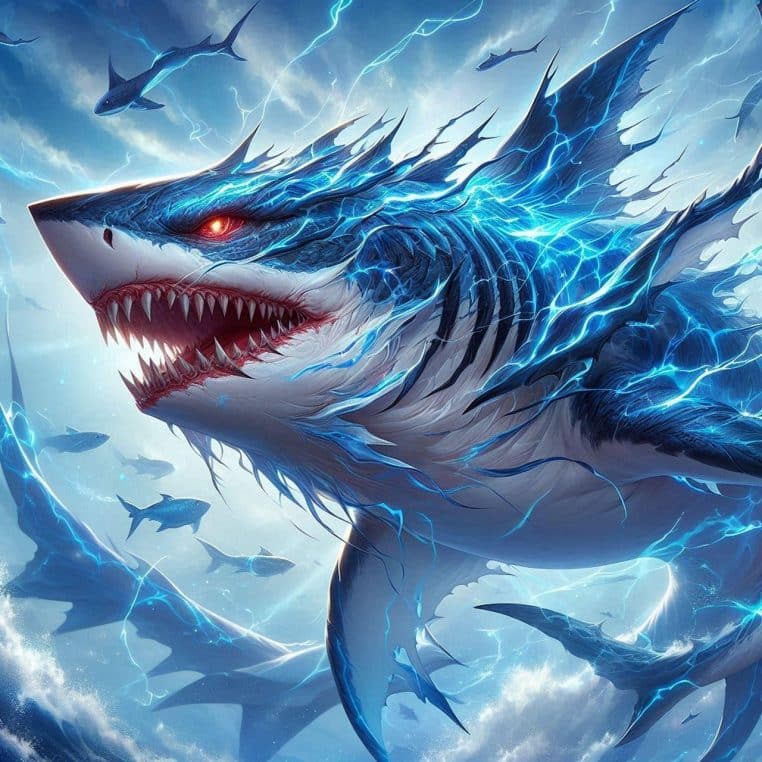 Illustration fantastique d’un requin brillant dans une mer obscure, mis en valeur par une lueur diffuse rappelant la bioluminescence naturelle des abysses.