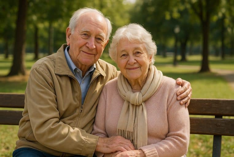 Couple de personnes âgées assis enlacés sur un banc dans un parc verdoyant, souriants, symbole d’une retraite plus sereine.