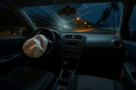 Intérieur d’une petite voiture de nuit après un choc, airbag conducteur déclenché et pare-brise fissuré sur une route côtière éclairée.
