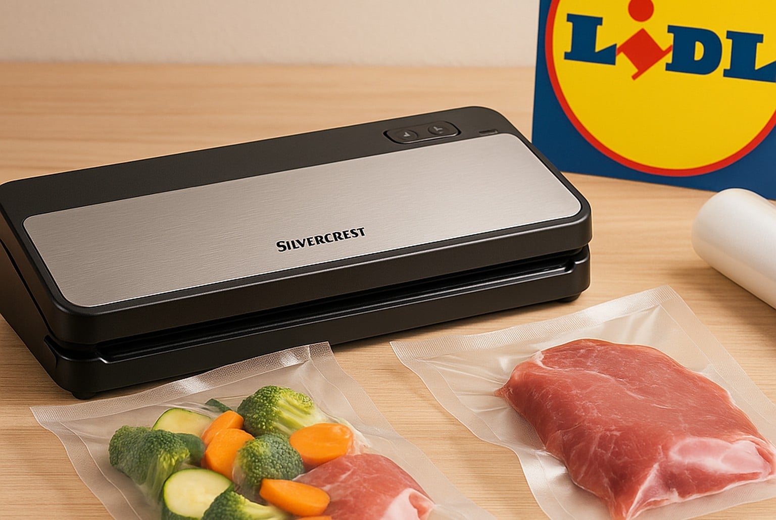 Appareil de mise sous vide Silvercrest posé sur un plan de travail, avec deux sachets d’aliments sous vide au premier plan et un logo Lidl bien visible en arrière-plan.
