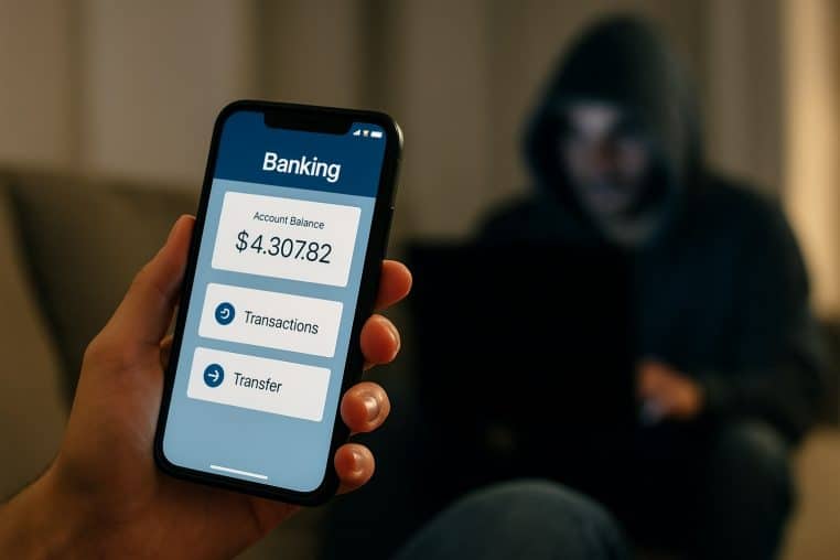 Main tenant un smartphone avec appli bancaire ouverte tandis qu’un pirate opère sur un ordinateur en arrière-plan.