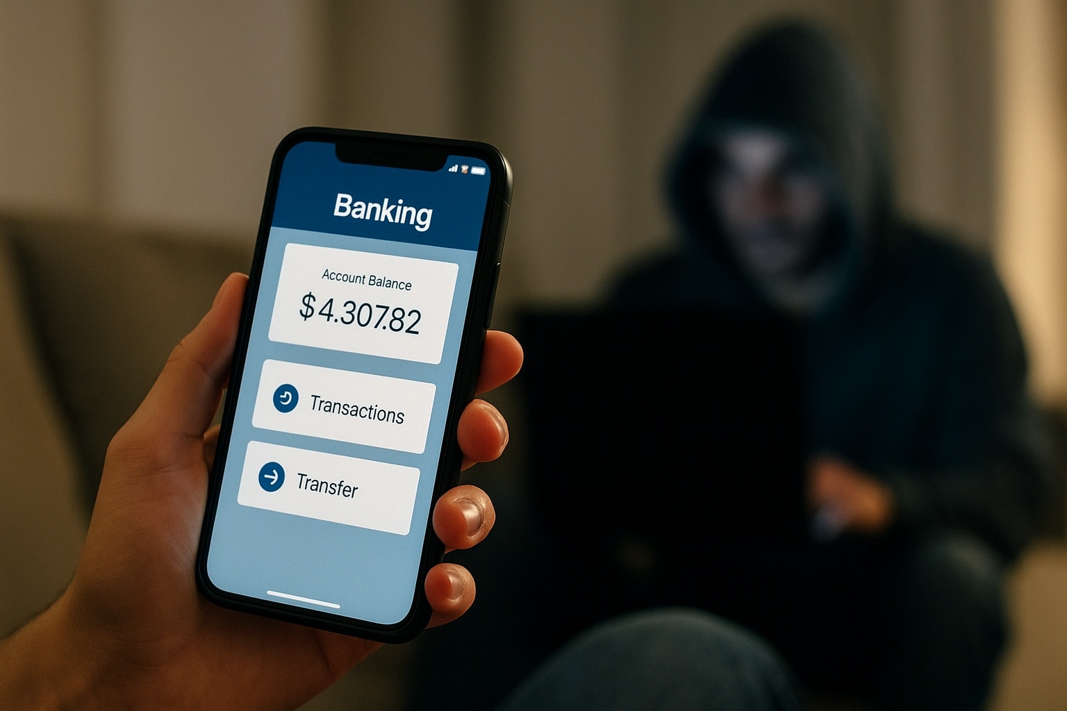 Main tenant un smartphone avec appli bancaire ouverte tandis qu’un pirate opère sur un ordinateur en arrière-plan.