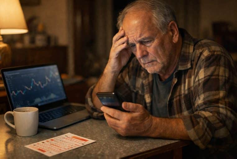 Retraité inquiet dans son salon, regard fixé sur son smartphone bancaire, ticket de loterie sur la table.