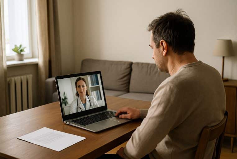 Salarié en arrêt de travail échange en visioconférence avec un médecin sur ordinateur portable à domicile.