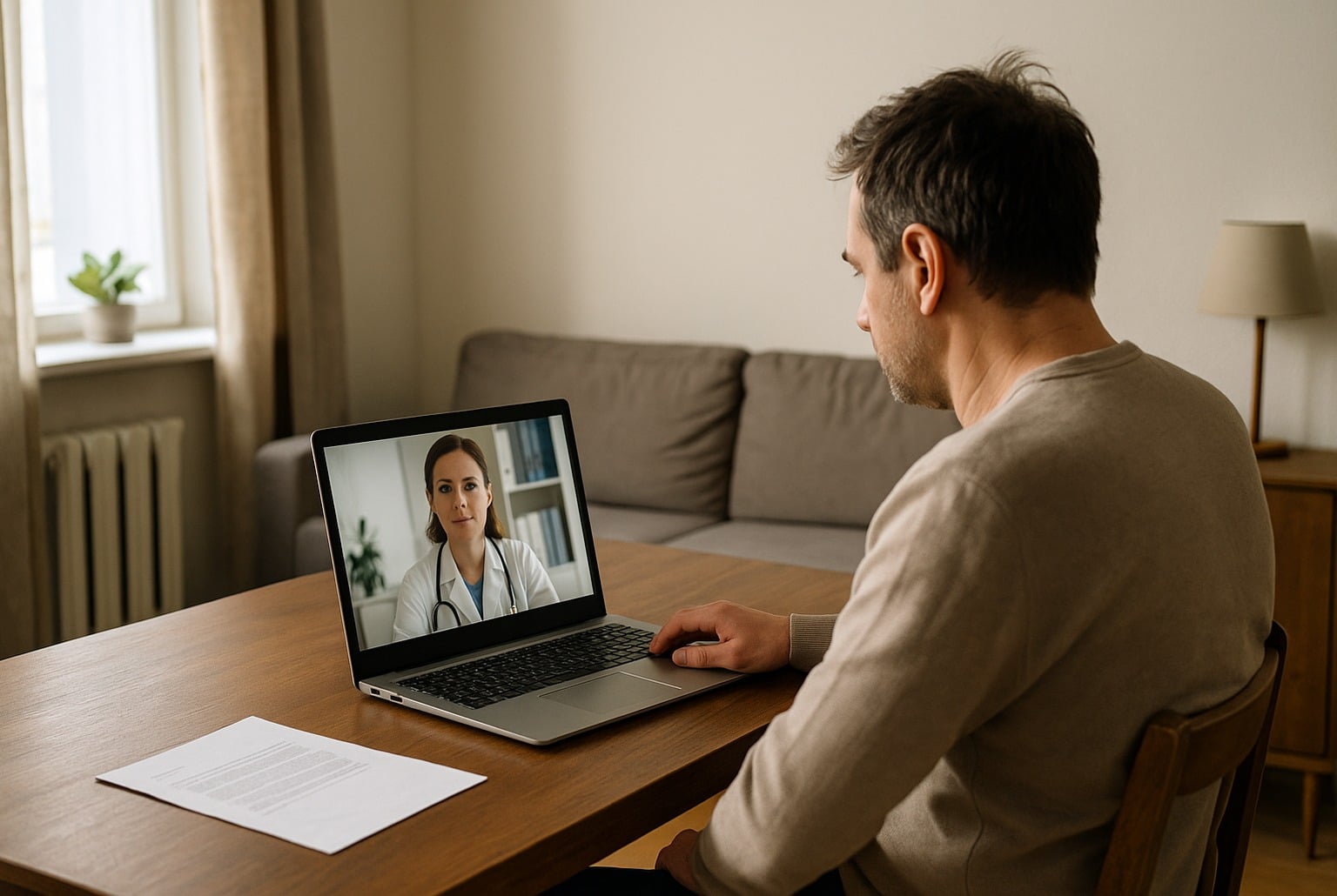 Salarié en arrêt de travail échange en visioconférence avec un médecin sur ordinateur portable à domicile.