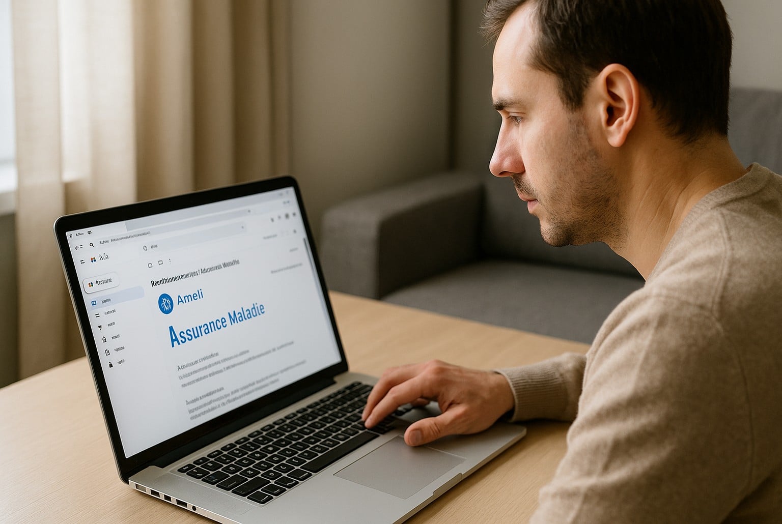 Homme consultant sur son ordinateur portable un e-mail d’Assurance maladie Ameli, concentré sur les détails de ses remboursements de santé.