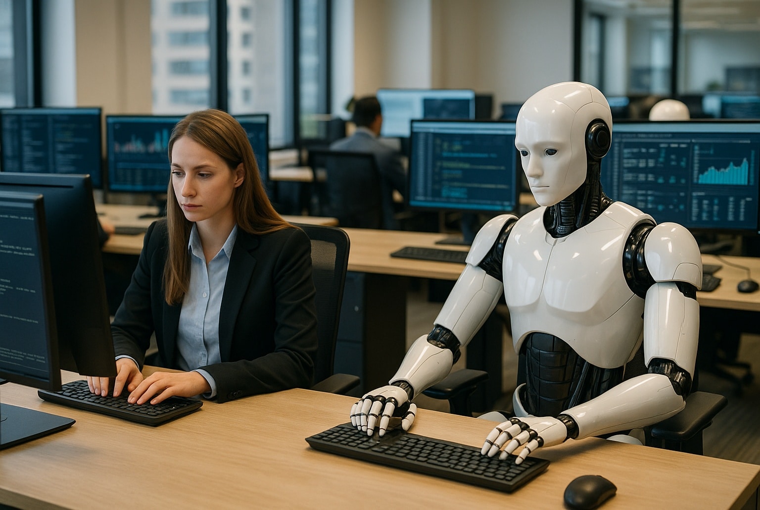 Dans un open space moderne, une employée de bureau travaille à côté d’un robot humanoïde devant des écrans remplis de données, illustrant la collaboration entre humains et IA.