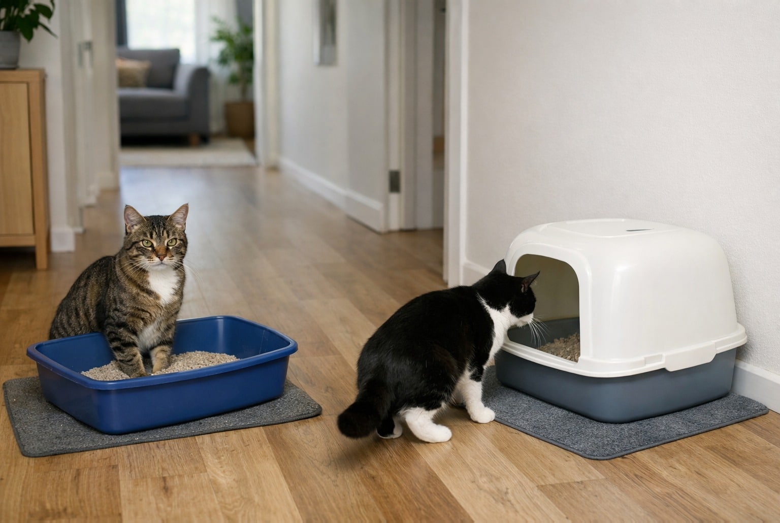 Deux chats dans un couloir de maison, chacun près d’un bac à litière ouvert et fermé, ambiance calme.
