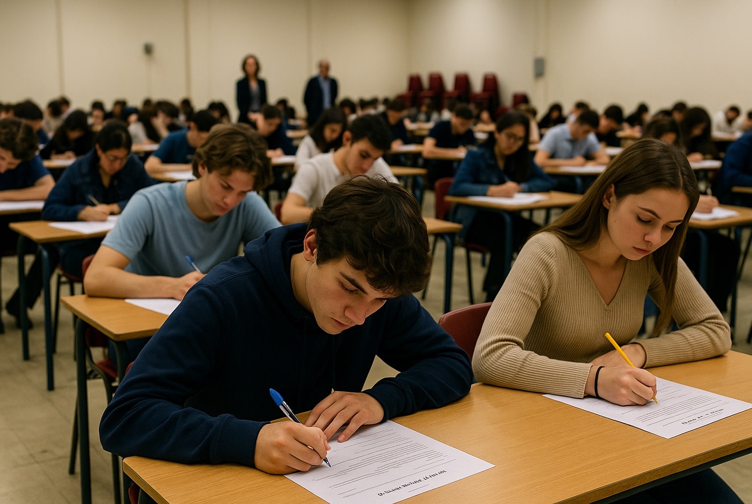 Groupe de lycéens assis en rangées dans une grande salle d’examen, concentrés sur leur copie du baccalauréat pendant une épreuve écrite surveillée.