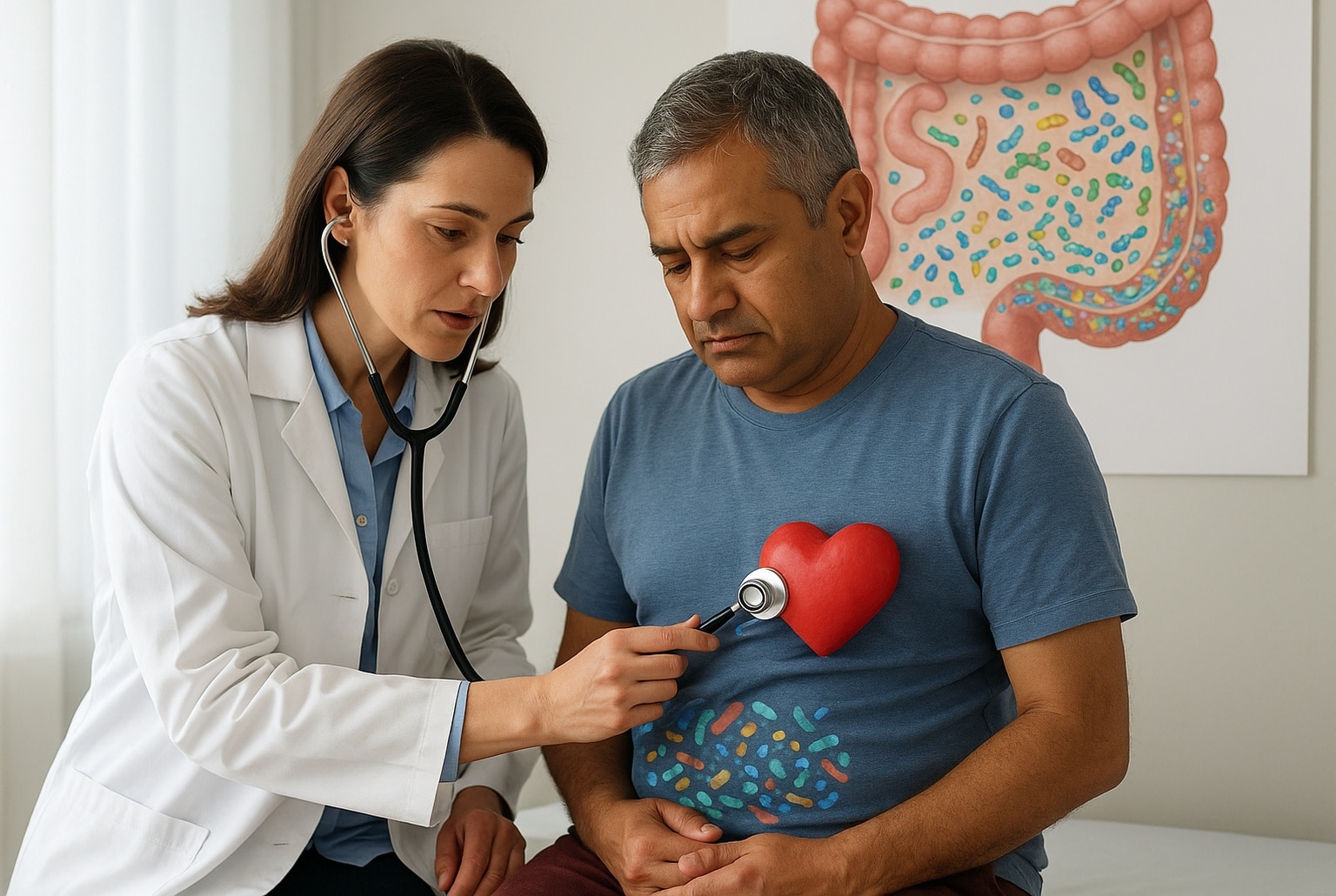 Une médecin ausculte un patient d’âge mûr, un cœur rouge sur son torse, devant un schéma d’intestin accroché au mur.v