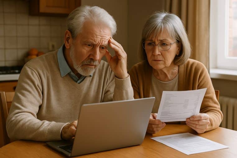 Couple de retraités assis à la table de la cuisine, examinant un relevé bancaire avec air soucieux devant un ordinateur portable.