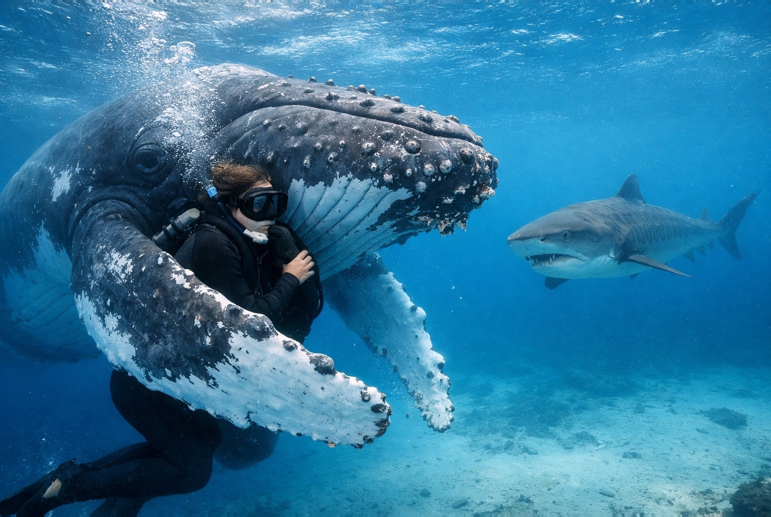 Baleine à bosse protège une biologiste sous l’eau tandis qu’un requin-tigre approche au large des îles Cook.