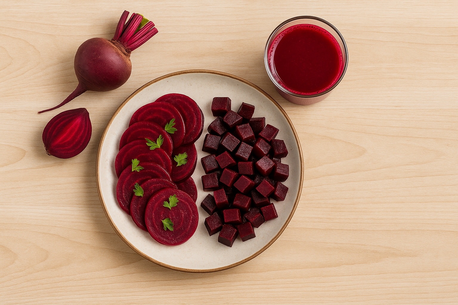 Assiette vue de dessus avec rondelles et cubes de betterave rouge, près d’un verre de jus sur table en bois.