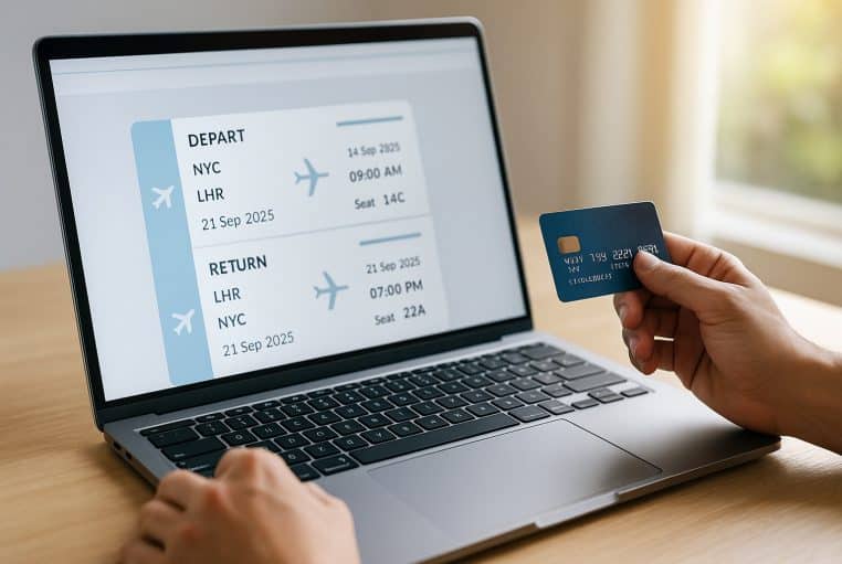 Personne réservant un billet d’avion en ligne sur son ordinateur portable, carte bancaire en main, pour profiter du jour le moins cher.
