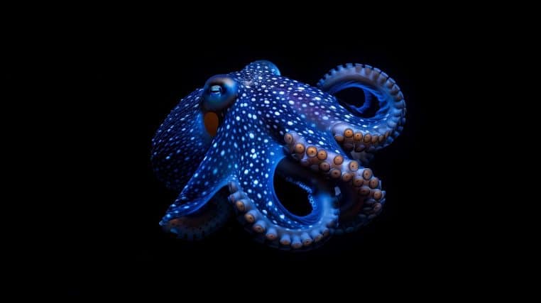 Illustration d’une pieuvre stylisée émettant une lumière bleutée dans le noir, mettant en avant les phénomènes bioluminescents des grandes profondeurs.