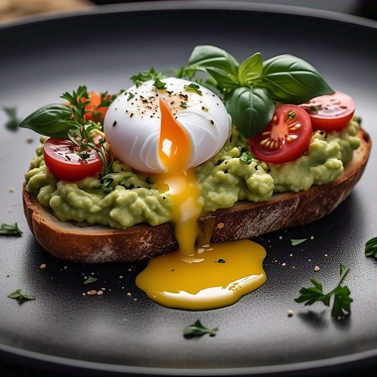 Tartine d’avocat sur pain complet garnie d’un œuf et de jeunes pousses, disposée sur une assiette pour illustrer un petit-déjeuner sain pour le cœur.