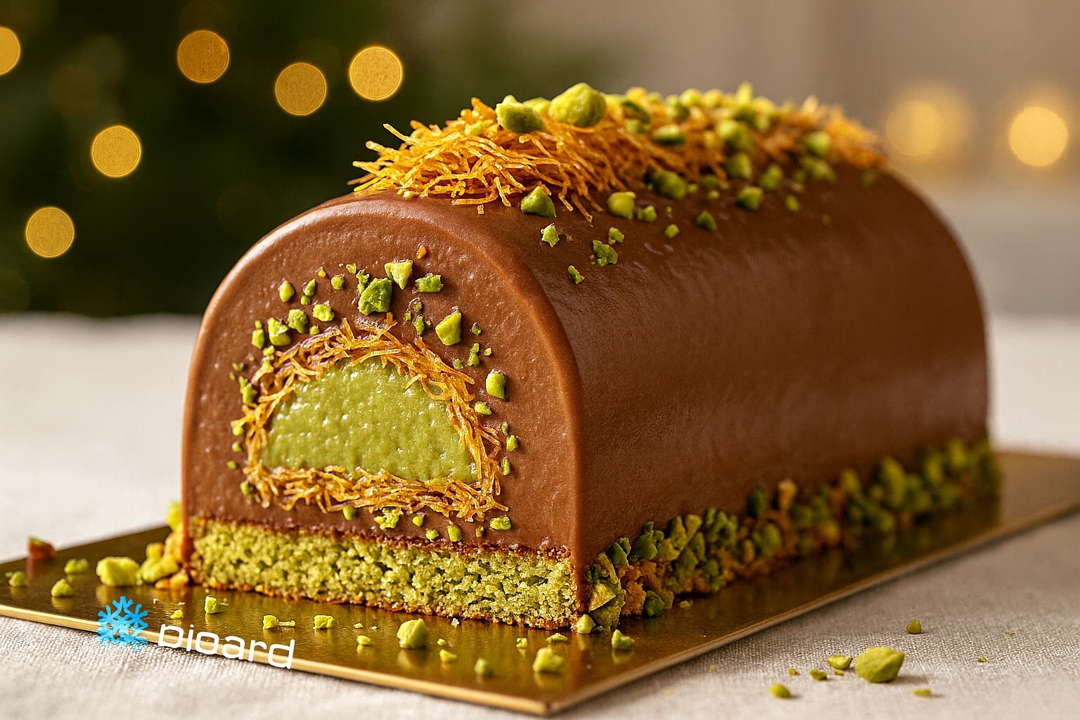 Bûche de Noël façon chocolat Dubaï Picard, glaçage chocolat, cœur pistache et cheveux d’ange croustillants posée sur un plateau doré.