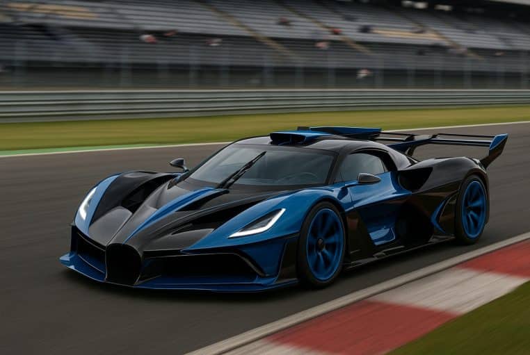 Hypercar bleue et noire lancée à pleine vitesse sur un circuit presque vide, vue de trois-quarts avant, avec les tribunes floues en arrière-plan.