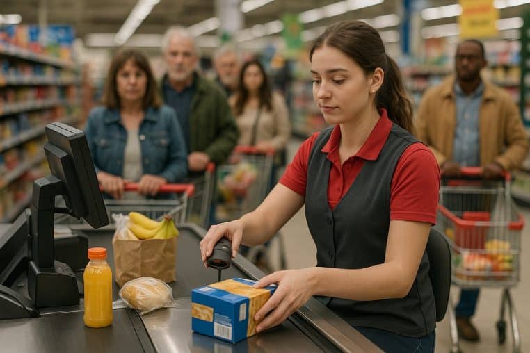 Une caissière de supermarché scanne les courses d’un client, tandis qu’une file de clients attend avec leurs chariots derrière elle.