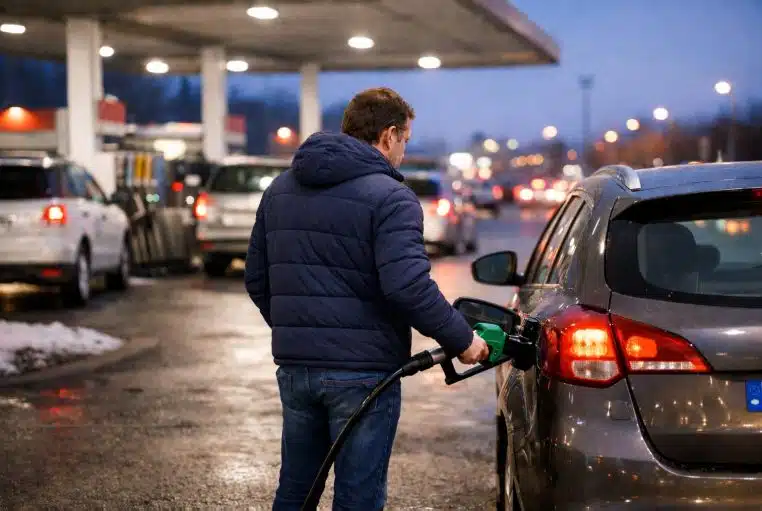 Conducteur faisant le plein en station-service de grande distribution, en soirée d’hiver avant les départs de Noël.