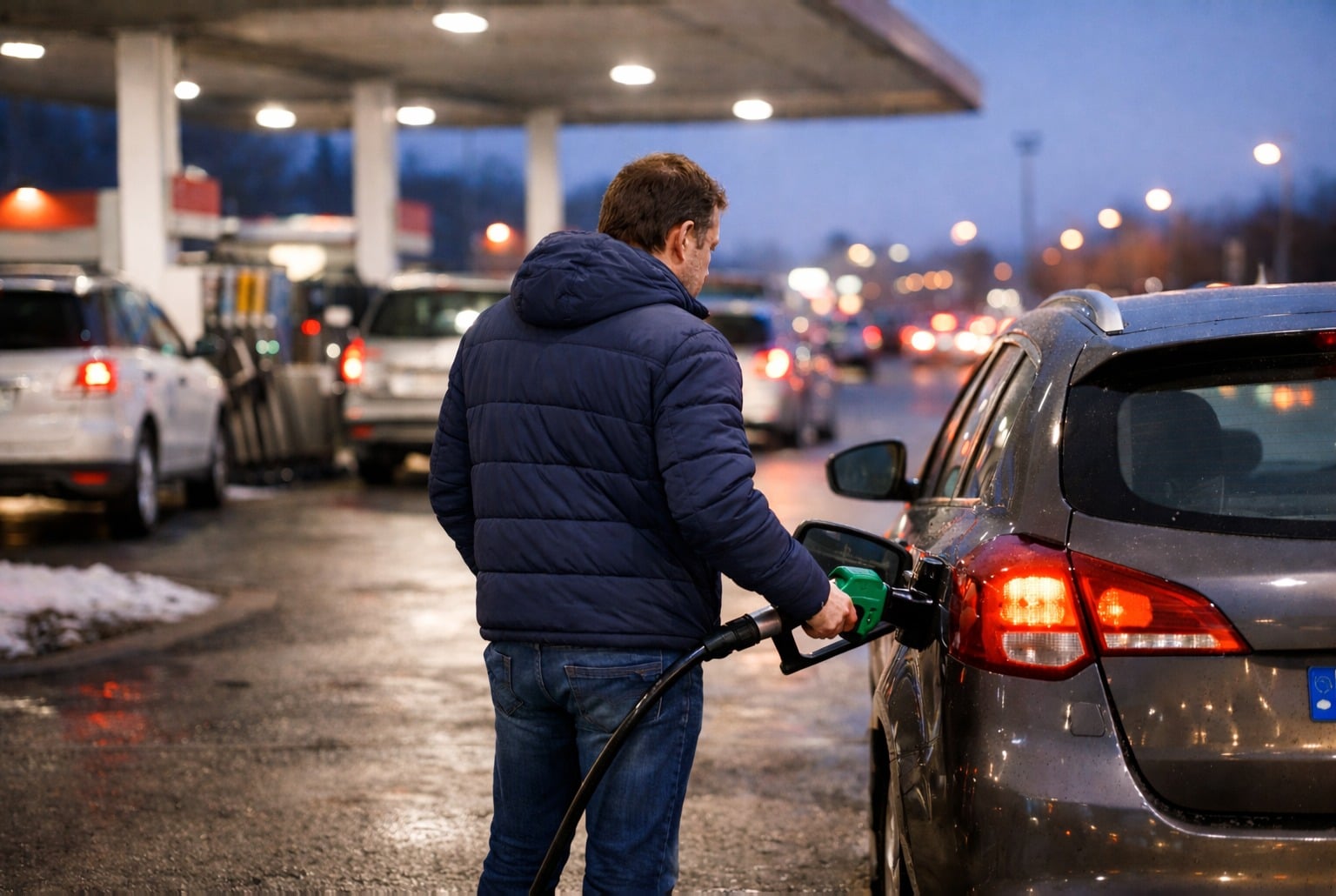 Conducteur faisant le plein en station-service de grande distribution, en soirée d’hiver avant les départs de Noël.