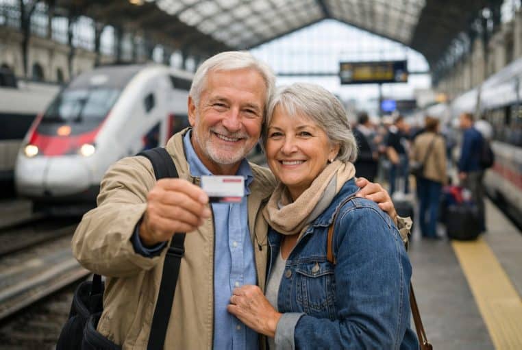 Couple de seniors souriant sur un quai de gare, montrant une carte de réduction avant de monter dans le train.