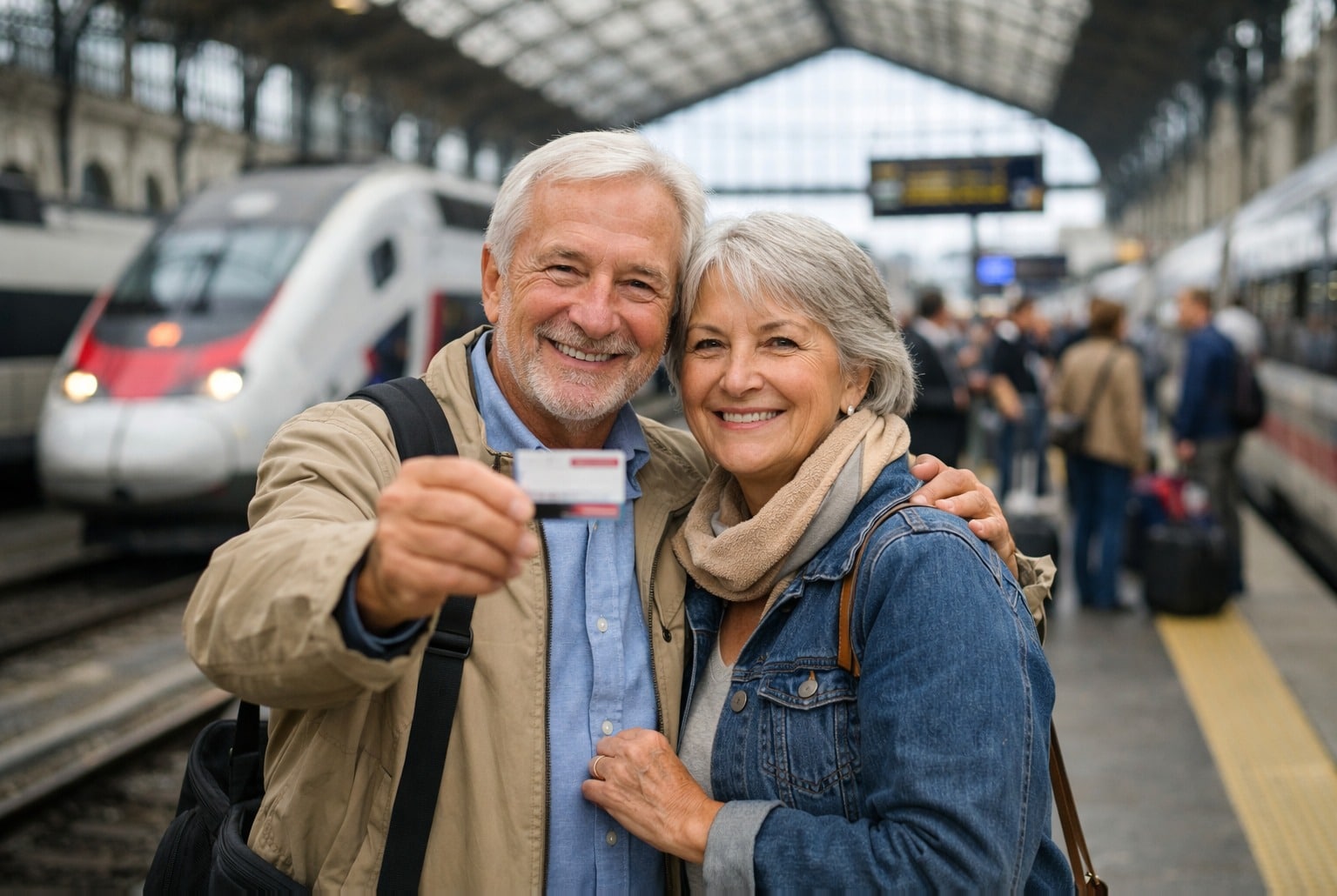 Couple de seniors souriant sur un quai de gare, montrant une carte de réduction avant de monter dans le train.