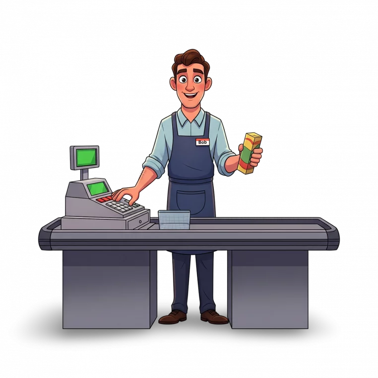Illustration d’un caissier souriant derrière son tapis de supermarché, une main sur la caisse et une brique d’aliment dans l’autre.