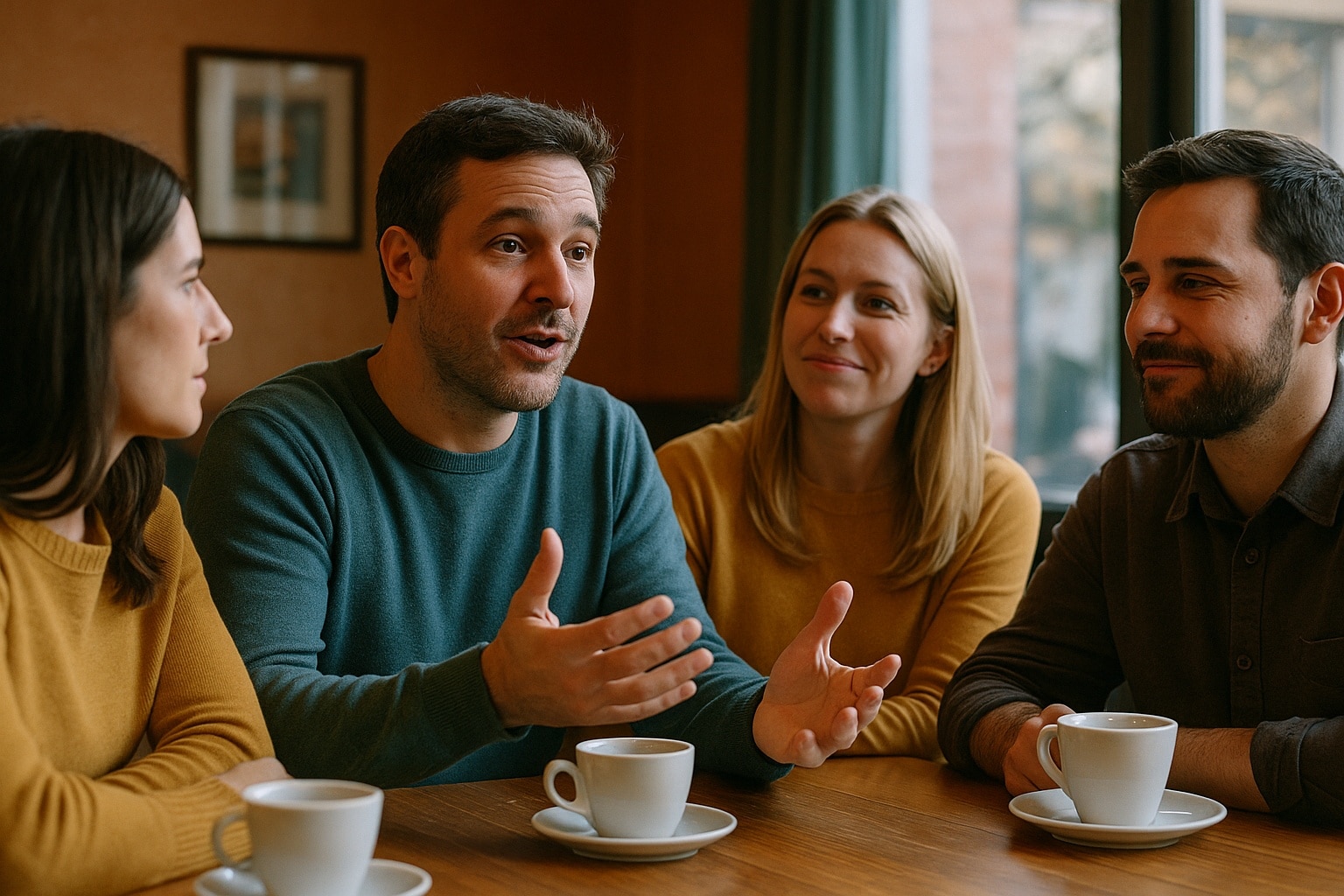 Quatre amis discutent autour d’une table de café, l’un cherche l’attention des autres en parlant avec énergie de lui-même