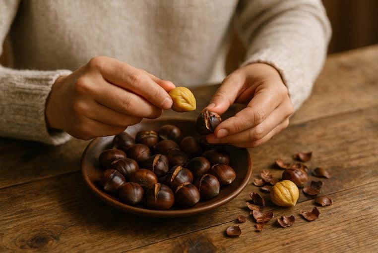Gros plan sur une personne en pull beige épluchant des châtaignes rôties dans une assiette sur une table en bois.