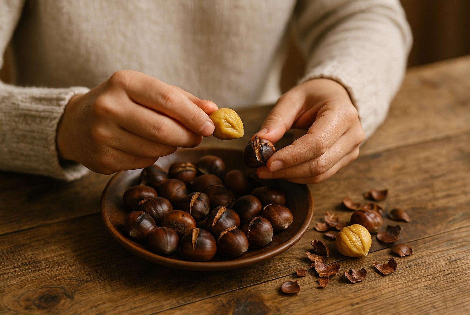 Gros plan sur une personne en pull beige épluchant des châtaignes rôties dans une assiette sur une table en bois.