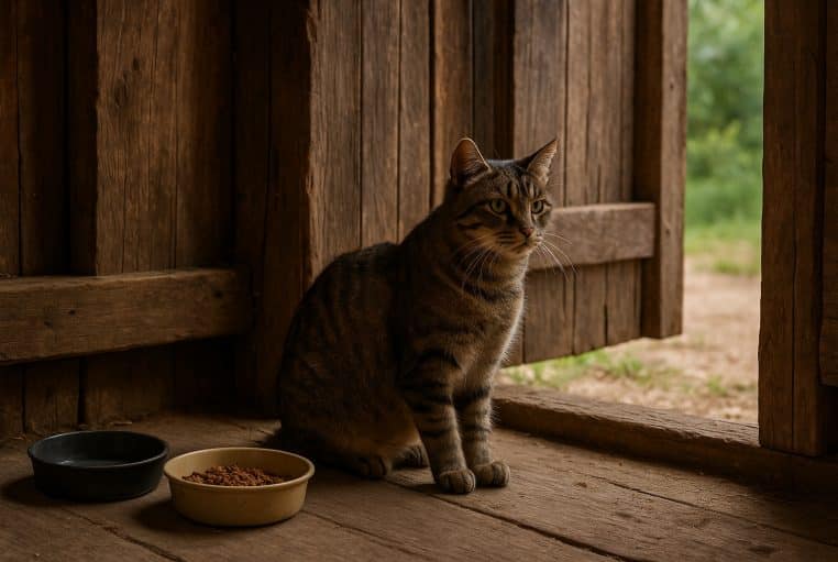 Chat tigré assis à l’intérieur d’une grange en bois, près d’une porte ouverte donnant sur un extérieur verdoyant.