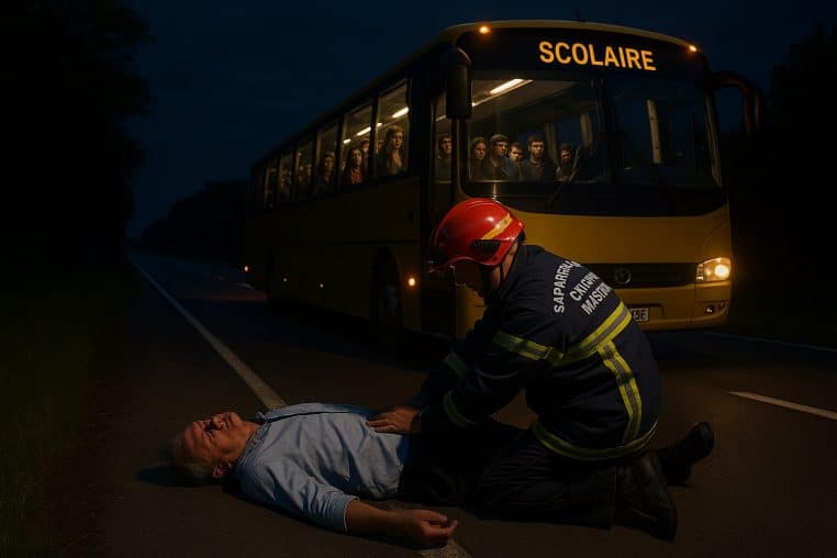 Un pompier tente de ranimer un chauffeur allongé au sol devant un bus scolaire arrêté de nuit, sous les regards inquiets des lycéens à bord.