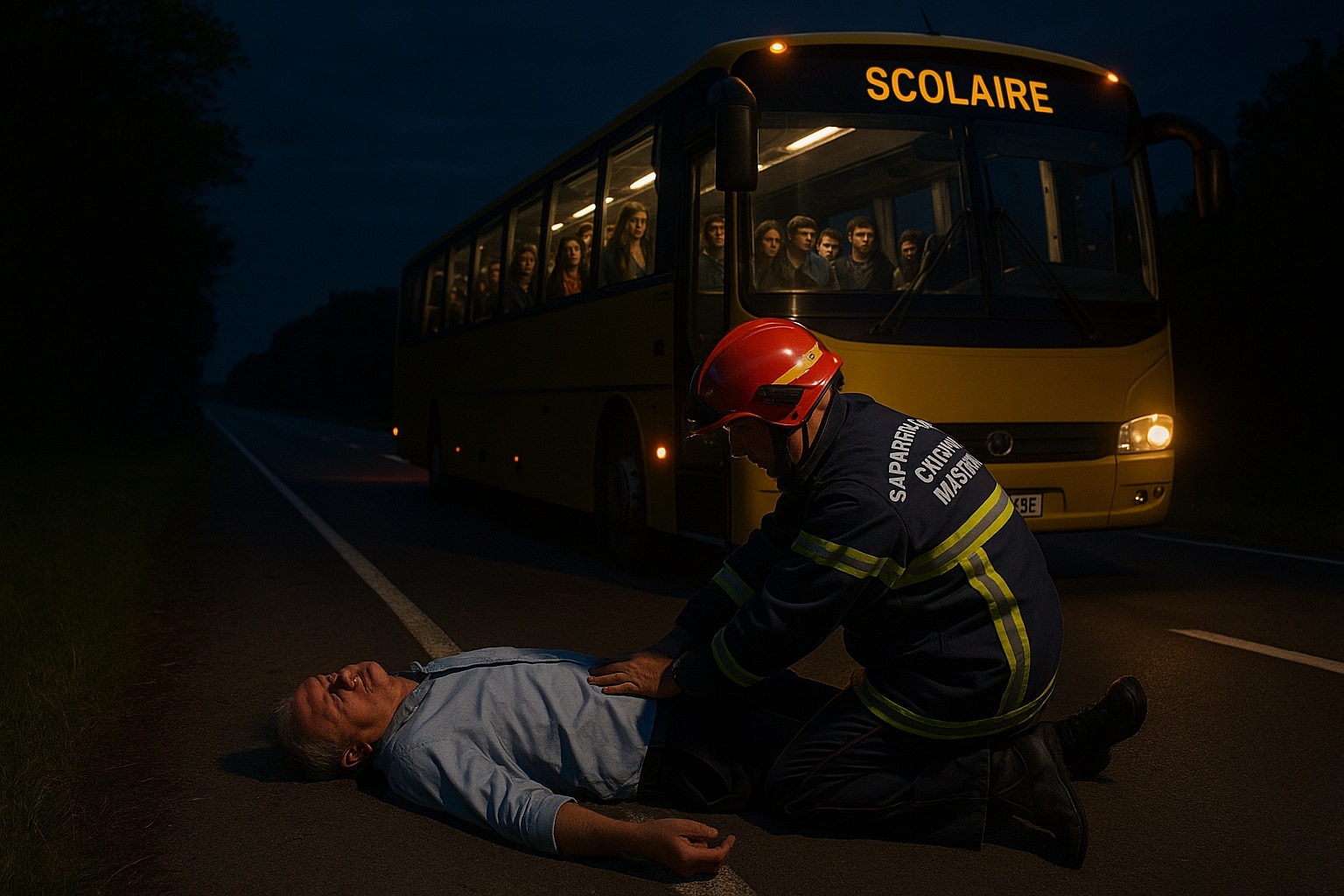 Un pompier tente de ranimer un chauffeur allongé au sol devant un bus scolaire arrêté de nuit, sous les regards inquiets des lycéens à bord.