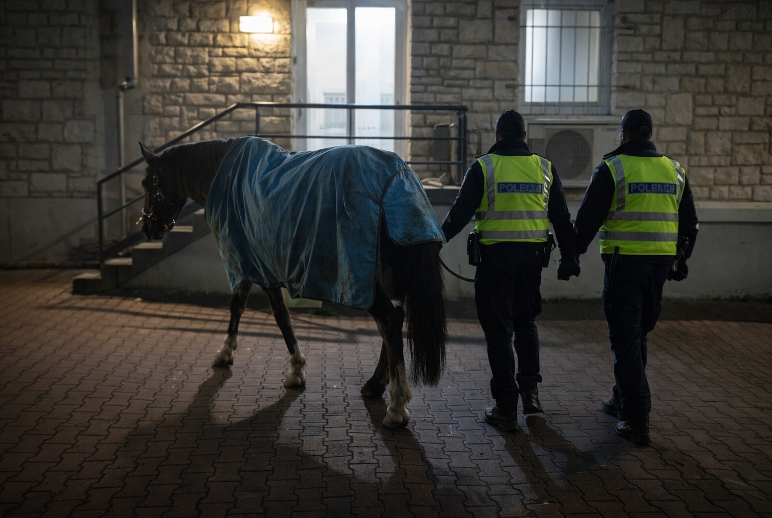 Cheval brun sous couverture bleue, escorté par deux policiers dans une cour éclairée à l’aube à Dole
