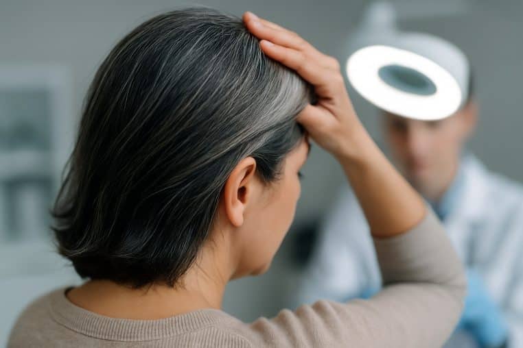 Gros plan d’une chevelure poivre et sel en consultation dermatologique, lumière douce, arrière-plan flou.