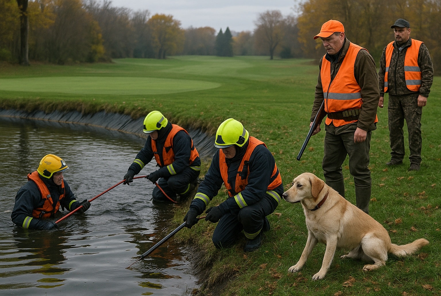 Pompiers et chasseurs intervenant au bord d’un bassin sur un golf, avec un chien de chasse assis sur la berge, lors d’un sauvetage délicat.