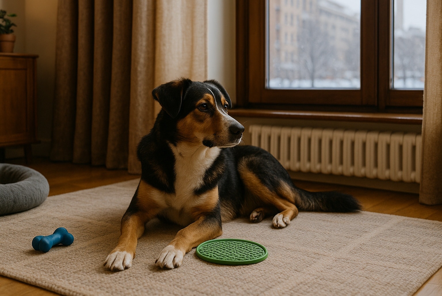 Chien tricolore allongé sur un tapis dans un salon d’hiver, entouré de jouets d’occupation, regard tourné vers la fenêtre.