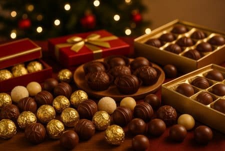 Assortiment de chocolats de Noël en boules et pralinés, présentés en boîtes festives devant un sapin lumineux.