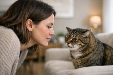 Femme se penchant calmement vers son chat tigré aux oreilles en arrière, dans un salon doux.