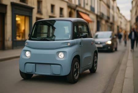 Citroën Ami électrique bleu-gris roulant dans une rue étroite en ville, entourée de piétons et de voitures floues en arrière-plan.