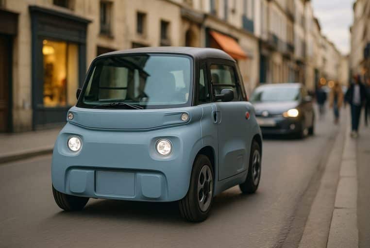Citroën Ami électrique bleu-gris roulant dans une rue étroite en ville, entourée de piétons et de voitures floues en arrière-plan.