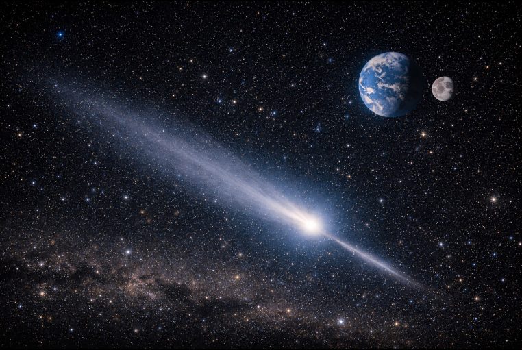 Comète interstellaire lumineuse avec double traîne dans un champ d’étoiles, la Terre et la Lune au loin.