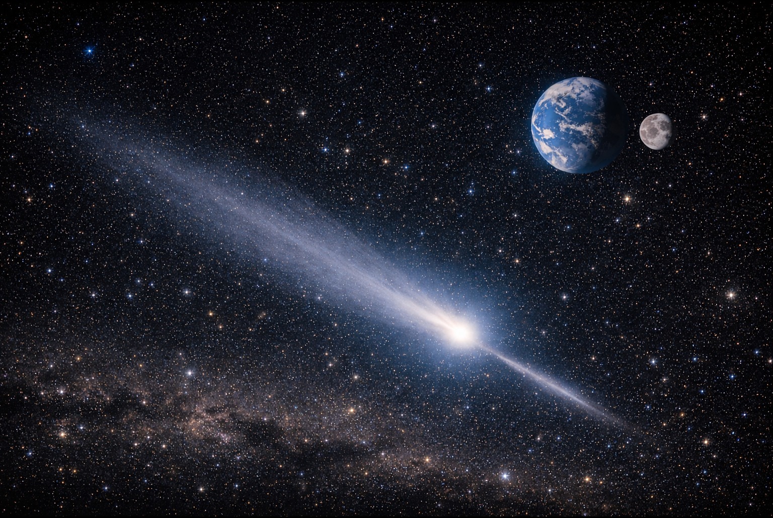 Comète interstellaire lumineuse avec double traîne dans un champ d’étoiles, la Terre et la Lune au loin.