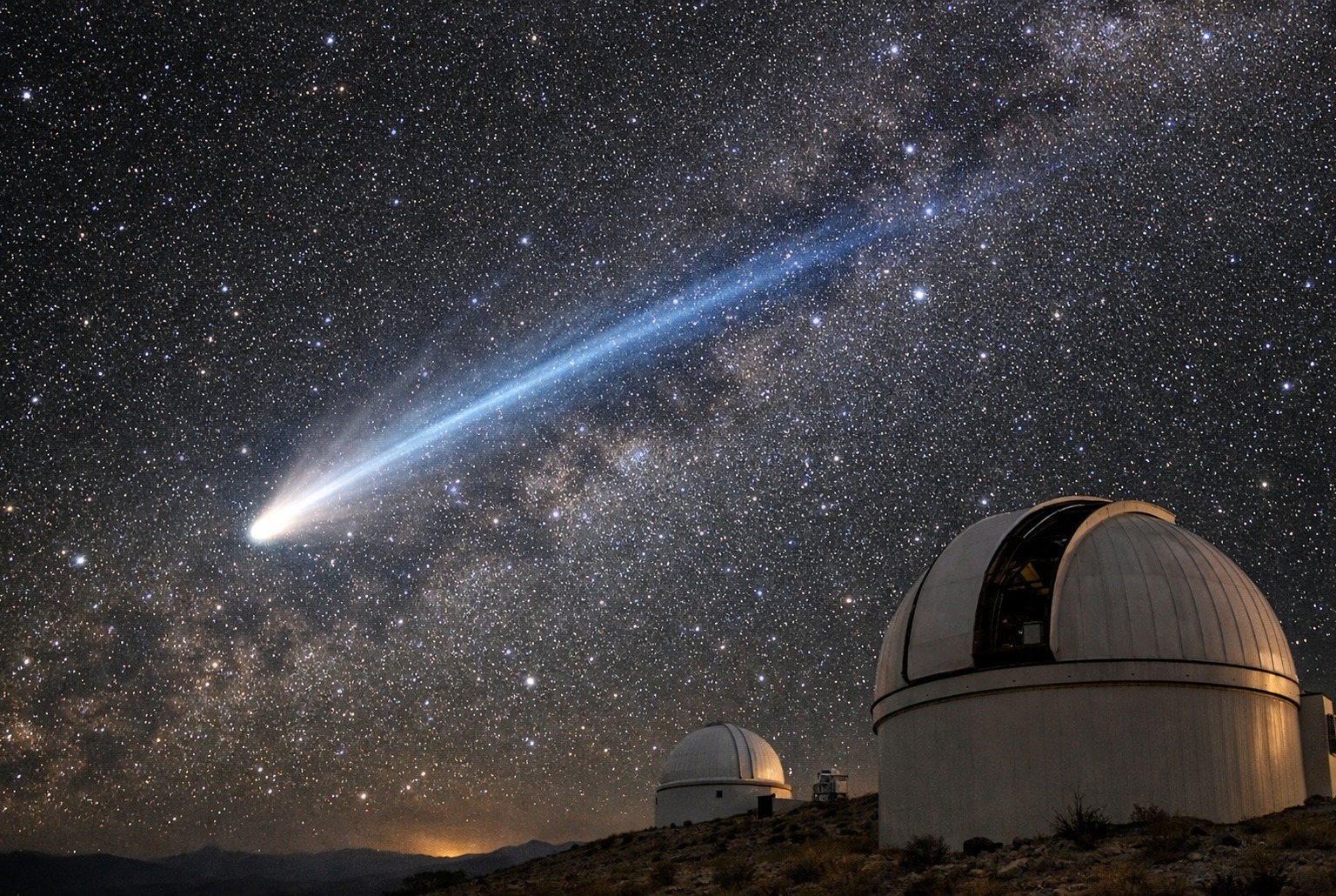 Comète à deux queues dans un ciel d’hiver au-dessus d’un observatoire, captée en longue pose