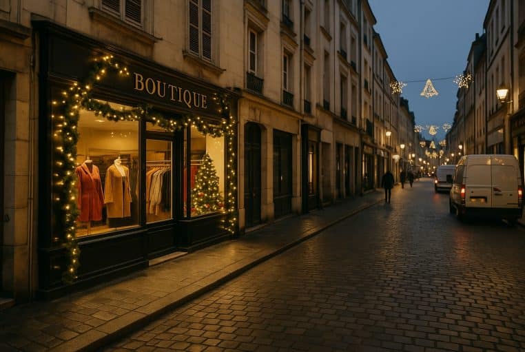 Boutique indépendante décorée pour Noël dans une rue quasi déserte, illustrant la baisse de fréquentation avant les fêtes